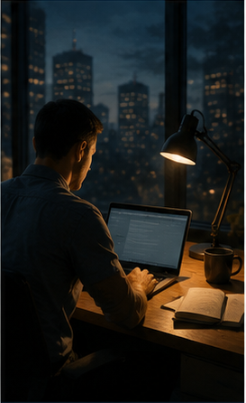 A man working at a desk at night